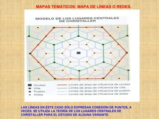 MAPAS TEMÁTICOS: MAPA DE LÍNEAS O REDES. LAS LÍNEAS EN ESTE CASO SÓLO EXPRESAN CONEXIÓN DE PUNTOS, A VECES, SE UTILIZA LA TEORÍA DE LOS LUGARES CENTRALES DE CHRISTALLER PARA EL ESTUDIO DE ALGUNA VARIANTE. 