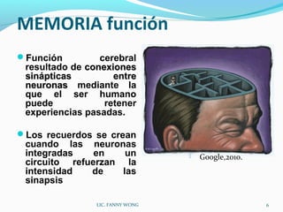 6LIC. FANNY WONG
MEMORIA función
Función cerebral
resultado de conexionesconexiones
sinápticas entresinápticas entre
neuronasneuronas mediante la
que el ser humano
puede retener
experiencias pasadas.
Los recuerdos se crean
cuando las neuronas
integradas en un
circuito refuerzan la
intensidad de las
sinapsis
 Google,2010.
 