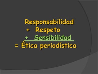 Responsabilidad
   + Respeto
   + Sensibilidad
= Ética periodística
 