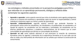 Las estrategias y métodos presentados en la perspectiva pedagógica para EVU y
que redundan en un aprendizaje permanente, dialógico y reflexivo debe
contemplar los siguientes aspectos:
• Aprender a aprender: como aspecto esencial que sitúa al estudiante como agente protagonista
activo en su proceso de enseñanza y aprendizaje capaz de asumir la responsabilidad y control
individual y autónomo según sus ritmos y estilos de aprendizaje.
• Aprender colaborativamente: segundo aspecto esencial que pretende fomentar la
participación activa entre los estudiantes, los estudiantes y el profesorado, los estudiantes y el
equipo de soporte, los estudiantes con los materiales y actividades, los estudiantes con las
diversas plataformas educativas y académico administrativas; de tal manera que se creen
comunidades de aprendizaje que deriven en comunidades de práctica.
• Aprender en red: como aspecto adicional el cual promueve la creación de conexiones
formativas entre los agentes y elementos de la experiencia formativa en la cual cada uno de
ellos es nodo y los intercambios de información son las señales que motivan la construcción de
conocimiento.
 