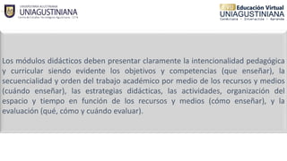 Los módulos didácticos deben presentar claramente la intencionalidad pedagógica
y curricular siendo evidente los objetivos y competencias (que enseñar), la
secuencialidad y orden del trabajo académico por medio de los recursos y medios
(cuándo enseñar), las estrategias didácticas, las actividades, organización del
espacio y tiempo en función de los recursos y medios (cómo enseñar), y la
evaluación (qué, cómo y cuándo evaluar).
 