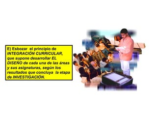 E) Esbozar  el principio de  INTEGRACIÓN CURRICULAR, que supone desarrollar EL DISEÑO de cada una de las áreas y sus asignaturas, según los resultados que concluya  la etapa de INVESTIGACIÓN. 