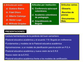 3. Artículos por autor: a)  Gustavo Baena b)  Fidel Oñoro c)  Alberto Camargo d)  Héctor Lugo e)  Wilfredo Grajales Artículos por institución: Conferencia episcopal colombiana. Academia colombiana de pedagogía. Arquidiócesis de Bogotá Artículos varios: Glosario. Recortes de prensa -Documentos Web. PRESENTACIONES: Lectura hermenéutica de la parábola del buen samaritano Pastoral educativa académica y el acuerdo 119: Bogotá sin indiferencia Fundamentos y modelos de la Pastoral educativa académica Aproximaciones  a un modelo de planificación para la acción en P.E.A Pastoral educativa académica y nueva visión de la E.R.E Nueva visión de la E.R.E. Pastoral educativa académica frente a los modelos de certificación. 