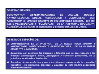 OBJETIVO GENERAL: CONFRONTAR SISTEMÁTICAMENTE EL ACTUAL MODELO ANTROPOLÓGICO, SOCIAL, PEDAGÓGICO Y CURRICULAR  que fundamentan la  práctica educativa de una institución cristiana,  con las TESIS PEDAGÓGICAS Y TEOLÓGICAS  DE LA PASTORAL EDUCATIVA ACADÉMICA, a la luz de la experiencia y práctica del Dios de Jesús. OBJETIVOS ESPECÍFICOS: COMPRENDERSE EN LA PRACTICA  DE LA NUEVA VISIÓN HUMANA Y HUMANIZANTE, AUTÉNTICAMENTE EVANGELIZADORA,  DE LA PASTORAL EDUCATIVA ACADÉMICA. Determinar con precisión las fracturas y faltantes que se dan respecto a los modelos antropológico, social, pedagógico y curricular propuestos, en la práctica educativa de la institución. Socializar de modo efectivo y real a los diversos miembros de la comunidad educativa,  los elementos, procesos y alcances de este modelo pedagógico alternativo cristiano. 