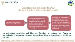 La estructura curricular del Plan de Estudios se integra por Fases de
aprendizaje, Programas, Campos formativos, Ejes articuladores y Perfil de
egreso.
 