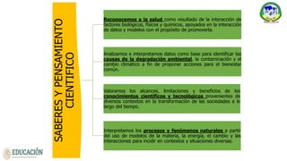 SABERES
Y
PENSAMIENTO
CIENTIFICO
Reconocemos a la salud como resultado de la interacción de
factores biológicos, físicos y químicos, apoyados en la interacción
de datos y modelos con el propósito de promoverla.
Analizamos e interpretamos datos como base para identificar las
causas de la degradación ambiental, la contaminación y el
cambio climático a fin de proponer acciones para el bienestar
común.
Valoramos los alcances, limitaciones y beneficios de los
conocimientos científicos y tecnológicos provenientes de
diversos contextos en la transformación de las sociedades a lo
largo del tiempo.
Interpretamos los procesos y fenómenos naturales a partir
del uso de modelos de la materia, la energía, el cambio y las
interacciones para incidir en contextos y situaciones diversas.
 