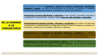 Nos conocemos a partir del desarrollo y aprecio de nuestras capacidades, habilidades,
actitudes y valores así como el reconocimiento de los demás, al interactuar y establecer
vínculos socio-afectivos que fortalezcan la identidad y el sentido de pertenencias…
Practicamos acciones individuales y colectivas en casa, escuela y comunidad, orientadas a
la adquisición de conocimientos, actitudes, hábitos para una vida saludable y sostenible.
Reconocemos los aspectos sociales, culturales y económicos que inciden en el desarrollo
de situaciones y comportamientos de riesgo para favorecer la toma de decisiones orientadas a la
prevención y disminución de accidentes, adicciones y violencias...
Participamos en la búsqueda de soluciones colectivas a problemas en diferentes
contextos a partir de su análisis, el reconocimiento y la valoración de la diversidad de saberes
comunitarios y prácticas culturales, para mejorar la calidad de vida y la sana convivencia.
Gestionamos las emociones, sentimientos y afectos a partir de reflexionar acerca de las
diversas maneras en que se expresan en situaciones cotidianas, para la toma de decisiones
orientadas a la construcción de un proyecto de vida.
DE LO HUMANO
A LO
COMUNITARIO
 