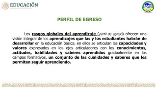 PERFIL DE EGRESO
Los rasgos globales del aprendizaje (perfil de egreso) ofrecen una
visión integral de los aprendizajes que las y los estudiantes habrán de
desarrollar en la educación básica, en ellos se articulan las capacidades y
valores expresados en los ejes articuladores con los conocimientos,
actitudes, habilidades y saberes aprendidos gradualmente en los
campos formativos, un conjunto de las cualidades y saberes que les
permitan seguir aprendiendo.
 