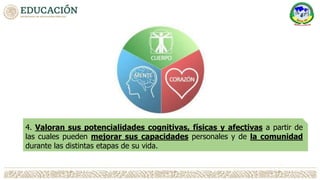 4. Valoran sus potencialidades cognitivas, físicas y afectivas a partir de
las cuales pueden mejorar sus capacidades personales y de la comunidad
durante las distintas etapas de su vida.
 