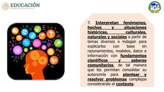 7. Interpretan fenómenos,
hechos y situaciones
históricas, culturales,
naturales y sociales a partir de
temas diversos e indagan para
explicarlos con base en
razonamientos, modelos, datos e
información con fundamentos
científicos y saberes
comunitarios, de tal manera
que les permitan consolidar su
autonomía para plantear y
resolver problemas complejos
considerando el contexto.
 