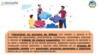 8. Interactúan en procesos de diálogo con respeto y aprecio a la
diversidad de capacidades, características, condiciones, necesidades, intereses
y visiones al trabajar de manera cooperativa. Son capaces de aprender a
su ritmo y respetar el de las demás personas, adquieren nuevas capacidades,
construyen nuevas relaciones y asumen roles distintos en un proceso de
constante cambio para emprender proyectos personales y colectivos
dentro de un mundo en rápida transformación.
 