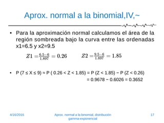 Aprox. normal a la binomial,IV,~
• Para la aproximación normal calculamos el área de la
región sombreada bajo la curva entre las ordenadas
x1=6.5 y x2=9.5
• P (7 ≤ X ≤ 9) ≈ P ( 0.26 < Z < 1.85) = P (Z < 1.85) − P (Z < 0.26)
= 0.9678 − 0.6026 = 0.3652
4/16/2016 Aprox. normal a la binomial, distribución
gamma-exponencial
17
 