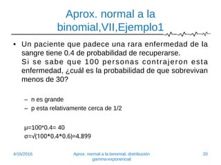 Aprox. normal a la
binomial,VII,Ejemplo1
• Un paciente que padece una rara enfermedad de la
sangre tiene 0.4 de probabilidad de recuperarse.
Si se sabe que 100 personas contrajeron esta
enfermedad, ¿cuál es la probabilidad de que sobrevivan
menos de 30?
– n es grande
– p esta relativamente cerca de 1/2
μ=100*0.4= 40
σ=√(100*0.4*0.6)=4.899
4/16/2016 Aprox. normal a la binomial, distribución
gamma-exponencial
20
 