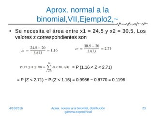 Aprox. normal a la
binomial,VII,Ejemplo2,~
• Se necesita el área entre x1 = 24.5 y x2 = 30.5. Los
valores z correspondientes son
≈ P (1.16 < Z < 2.71)
= P (Z < 2.71) − P (Z < 1.16) = 0.9966 − 0.8770 = 0.1196
4/16/2016 Aprox. normal a la binomial, distribución
gamma-exponencial
23
 
