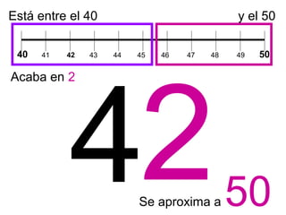 4
Está entre el 40 y el 50
40 41 43 44 45 46 47 48 49 50
2
42
2
Acaba en 2
Se aproxima a 50
 