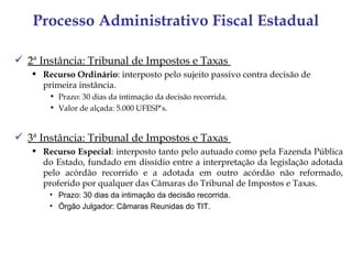 Processo Administrativo Fiscal Estadual

 2ª Instância: Tribunal de Impostos e Taxas
    Recurso Ordinário: interposto pelo sujeito passivo contra decisão de
     primeira instância.
       • Prazo: 30 dias da intimação da decisão recorrida.
       • Valor de alçada: 5.000 UFESP’s.


 3ª Instância: Tribunal de Impostos e Taxas
    Recurso Especial: interposto tanto pelo autuado como pela Fazenda Pública
     do Estado, fundado em dissídio entre a interpretação da legislação adotada
     pelo acórdão recorrido e a adotada em outro acórdão não reformado,
     proferido por qualquer das Câmaras do Tribunal de Impostos e Taxas.
       • Prazo: 30 dias da intimação da decisão recorrida.
       • Órgão Julgador: Câmaras Reunidas do TIT.
 