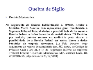Quebra de Sigilo
 Decisão Monocrática

No julgamento do Recurso Extraordinário n. 389.808, Relator o
  Ministro Marco Aurélio, com repercussão geral reconhecida, o
  Supremo Tribunal Federal afastou a possibilidade de ter acesso a
  Receita Federal a dados bancários de contribuintes: “O Plenário,
  por maioria, proveu recurso extraordinário para afastar a
  possibilidade de a Receita Federal ter acesso direto a dados
  bancários da empresa recorrente. (...) Pelo exposto, nego
  seguimento ao recurso extraordinário (art. 557, caput, do Código de
  Processo Civil e art. 21, § 1º, do Regimento Interno do Supremo
  Tribunal Federal)”. (Decisão Monocrática, Min. Carmen Lucia, RE
  nº 387604/RS, julgamento em 23/02/2011)
 