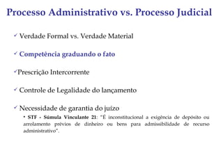 Processo Administrativo vs. Processo Judicial

    Verdade Formal vs. Verdade Material

    Competência graduando o fato

 Prescrição    Intercorrente

    Controle de Legalidade do lançamento

    Necessidade de garantia do juízo
       STF - Súmula Vinculante 21: “É inconstitucional a exigência de depósito ou
      arrolamento prévios de dinheiro ou bens para admissibilidade de recurso
      administrativo”.
 
