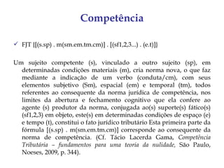 Competência

 FJT {[(s.sp) . m(sm.em.tm.cm)] . [(sf1,2,3...) . (e.t)]}

Um sujeito competente (s), vinculado a outro sujeito (sp), em
  determinadas condições materiais (m), cria norma nova, o que faz
  mediante a indicação de um verbo (conduta/cm), com seus
  elementos subjetivo (Sm), espacial (em) e temporal (tm), todos
  referentes ao consequente da norma jurídica de competência, nos
  limites da abertura e fechamento cognitivo que ela confere ao
  agente (s) produtor da norma, conjugada ao(s) suporte(s) fático(s)
  (sf1,2,3) em objeto, este(s) em determinadas condições de espaço (e)
  e tempo (t), constitui o fato jurídico tributário Esta primeira parte da
  fórmula [(s.sp) . m(sm.em.tm.cm)] corresponde ao consequente da
  norma de competência. (Cf. Tácio Lacerda Gama, Competência
  Tributária – fundamentos para uma teoria da nulidade, São Paulo,
  Noeses, 2009, p. 344).
 