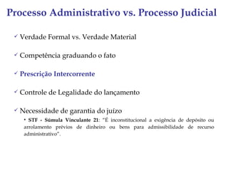 Processo Administrativo vs. Processo Judicial

    Verdade Formal vs. Verdade Material

    Competência graduando o fato

    Prescrição Intercorrente

    Controle de Legalidade do lançamento

    Necessidade de garantia do juízo
       STF - Súmula Vinculante 21: “É inconstitucional a exigência de depósito ou
      arrolamento prévios de dinheiro ou bens para admissibilidade de recurso
      administrativo”.
 