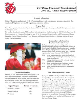 17



                                                       Fort Dodge Community School District
                                                           2010-2011 Annual Progress Report


                                                 Graduate Information
Of the 272 students graduating in 2011, 80% indicated they would pursue a post-secondary education. The
remaining 20% planned to work full or part time, or join the military.
                                                     Dropout Rate
Note: The dropout rate is calculated by the State, and data is reported for the year preceding the date of the current an-
nual progress report.
The number of students in grades 7-12 considered to have dropped out of school during the 2009-10 school year was 62.
This is a decrease of 9 students from the prior year. Of the 62 dropouts, 29 were females, and 33 were males; 51 were
Caucasian, 2 were African American, 7 were Hispanic, and 2 were of multiple ethnicity. Of these students, 13 were
Special Education students.
                                                                           Graduate Survey Information
                                                                           Results of Senior Exit Survey
                                                                Each year a survey is given to exiting seniors to
                                                                determine their perceptions of their school experience at
                                                                Fort Dodge Senior High. Data from the survey is used to
                                                                make changes in programs and curriculum. Note: Only
                                                                a portion of the results are listed below. For a complete
                                                                report contact Marcy Harms at 515-574-5678.
                                                                80%     of the graduating seniors stated that the school
                                                                        made learning interesting by connecting learning
                                                                        to the outside world.
                                                                98%     of the graduating seniors felt as though teachers
                                                                        were willing to help them.
                                                                85%     felt as though the teachers held them to high
                                                                        standards and demanded quality work.
                                                                85%     felt as though they were properly prepared for
                                                                        their future.


                Teacher Qualifications                                     Post Secondary College Classes
Last year 52% of teachers had taught in the District 11 or
more years, an indication of experience and dedication.         During the 2010-11 school year, 28 Iowa Central Com-
One hundred percent of our teachers were certified by the       munity College concurrent enrollment classes were of-
                                                                fered at Fort Dodge Senior High. During the first semes-
State of Iowa to teach in their field, meeting the Federal
                                                                ter, 159 students enrolled in 17 courses; during the se-
“No Child Left Behind Highly Qualified Teacher” criteria.
                                                                cond semester, 168 students enrolled in 10 courses; dur-
     Type of Degree              Percent of Teachers            ing the third semester, 189 students enrolled in 17 cours-
    Bachelor’s Degree                     51%                   es; and during the 4th semester, 172 students enrolled in
                                                                13 courses. Nineteen students were involved in the post
    Master’s Degree                       49%                   secondary enrollment option, attending 30 different
    Doctorate                              0%                   courses on the Iowa Central Community College campus.
                                                                Forty-two students were enrolled in 63 Flex-net or on-
                                                                line Iowa Central classes.
 