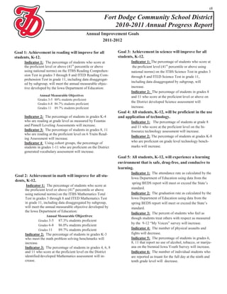 18

                                                           Fort Dodge Community School District
                                                               2010-2011 Annual Progress Report
                                                Annual Improvement Goals
                                                        2011-2012

Goal 1: Achievement in reading will improve for all               Goal 3: Achievement in science will improve for all
students, K-12.                                                   students, K-12.
     Indicator 1: The percentage of students who score at                 Indicator 1: The percentage of students who score at
     the proficient level or above (41st percentile or above               the proficient level (41st percentile or above using
     using national norms) on the ITBS Reading Comprehen-                 national norms) on the ITBS Science Test in grades 3
     sion Test in grades 3 through 8 and ITED Reading Com-                through 8 and ITED Science Test in grade 11,
     prehension Test in grade 11, including data disaggregat-
                                                                          including data disaggregated by subgroup, will
     ed by subgroup, will meet the annual measurable objec-
     tive developed by the Iowa Department of Education:                  increase.
                                                                          Indicator 2: The percentage of students in grades 8
               Annual Measurable Objectives                               and 11 who score at the proficient level or above on
              Grades 3-5 88% students proficient
                                                                          the District developed Science assessment will
              Grades 6-8 86.7% students proficient
              Grades 11 89.7% students proficient                         increase.
                                                                  Goal 4: All students, K-12, will be proficient in the use
     Indicator 2: The percentage of students in grades K-4        and application of technology.
     who are reading at grade level as measured by Fountas                Indicator 1: The percentage of students at grade 8
     and Pinnell Leveling Assessments will increase.                      and 11 who score at the proficient level on the In-
     Indicator 3: The percentage of students in grades 8, 11              fosource technology assessment will increase.
     who are reading at the proficient level on 6 Traits Read-
                                                                          Indicator 2: The percentage of students at grades K-8
     ing Assessment will increase.
     Indicator 4: Using cohort groups, the percentage of                  who are proficient on grade level technology bench-
     students in grades 1-11 who are proficient on the District           marks will increase.
     generated vocabulary assessment will increase.
                                                                  Goal 5: All students, K-12, will experience a learning
                                                                  environment that is safe, drug-free, and conducive to
                                                                  learning.
                                                                          Indicator 1: The attendance rate as calculated by the
Goal 2: Achievement in math will improve for all stu-
                                                                          Iowa Department of Education using data from the
dents, K-12.
                                                                           spring BEDS report will meet or exceed the State’s
       Indicator 1: The percentage of students who score at
      the proficient level or above (41st percentile or above             standard.
      using national norms) on the ITBS Mathematics Total                 Indicator 2: The graduation rate as calculated by the
      Test in grades 3 through 8 and ITED Mathematics Test                Iowa Department of Education using data from the
      in grade 11, including data disaggregated by subgroup,              spring BEDS report will meet or exceed the State’s
      will meet the annual measurable objective developed by              standard.
      the Iowa Department of Education:
                                                                          Indicator 3: The percent of students who feel as
                     Annual Measurable Objectives:
                                                                          though students treat others with respect as measured
                Grades 3-5 87.3% students proficient
                                                                          by the 9-12 “My Voices” survey will increase.
                Grades 6-8 86.0% students proficient
                Grades 11     89.7% students proficient                   Indicator 4: The number of physical assaults and
      Indicator 2: The percentage of students in grades K-3               fights will decrease.
      who meet the math problem solving benchmarks will                   Indicator 5: The percentage of students in grades 6,
      increase.                                                           8, 11 that report no use of alcohol, tobacco, or mariju-
      Indicator 3: The percentage of students in grades 4, 6, 8           ana on the biennial Iowa Youth Survey will increase.
      and 11 who score at the proficient level on the District            Indicator 6: The number of individual students who
      identified/developed Mathematics assessment will in-                are reported as truant for the full day at the ninth and
      crease.                                                             tenth grade level will decrease.
 