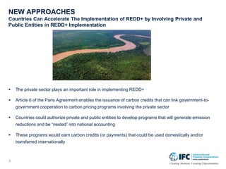 NEW APPROACHES
Countries Can Accelerate The Implementation of REDD+ by Involving Private and
Public Entities in REDD+ Implementation
 The private sector plays an important role in implementing REDD+
 Article 6 of the Paris Agreement enables the issuance of carbon credits that can link government-to-
government cooperation to carbon pricing programs involving the private sector
 Countries could authorize private and public entities to develop programs that will generate emission
reductions and be “nested” into national accounting
 These programs would earn carbon credits (or payments) that could be used domestically and/or
transferred internationally
5
 