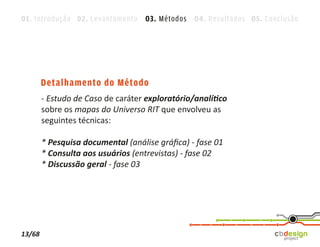 01. Introdução 02. Levantamento 03. Métodos 04. Resultados 05. Conclusão




        Detalhamento do Método
        - Estudo de Caso de caráter exploratório/analítico
        sobre os mapas do Universo RIT que envolveu as
        seguintes técnicas:

        * Pesquisa documental (análise gráﬁca) - fase 01
        * Consulta aos usuários (entrevistas) - fase 02
        * Discussão geral - fase 03




13/68
 