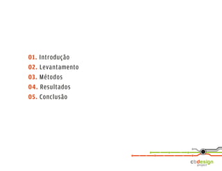 01. Introdução
02. Levantamento
03. Métodos
04. Resultados
05. Conclusão
 