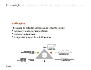 01. Introdução 02. Levantamento 03. Métodos 04. Resultados 05. Conclusão




        Motivações
        - Escassez de estudos voltados aos seguintes eixos:
        * transporte público / daltonismo;
        * mapas / daltonismo;
        * design da informação / daltonismo.




05/68
 