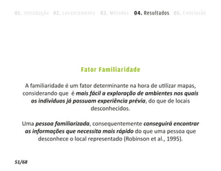 01. Introdução 02. Levantamento 03. Métodos 04. Resultados 05. Conclusão




                         Fator Familiaridade

    A familiaridade é um fator determinante na hora de utilizar mapas,
   considerando que é mais fácil a exploração de ambientes nos quais
      os indivíduos já possuam experiência prévia, do que de locais
                             desconhecidos.

  Uma pessoa familiarizada, consequentemente conseguirá encontrar
   as informações que necessita mais rápido do que uma pessoa que
        desconhece o local representado (Robinson et al., 1995).


51/68
 