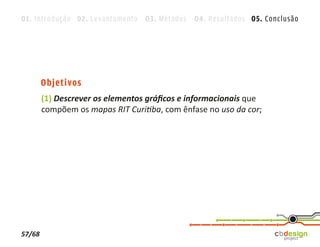 01. Introdução 02. Levantamento 03. Métodos 04. Resultados 05. Conclusão




        Objetivos
        (1) Descrever os elementos gráﬁcos e informacionais que
        compõem os mapas RIT Curitiba, com ênfase no uso da cor;




57/68
 
