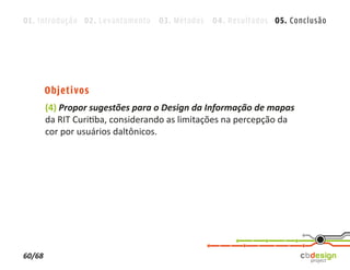 01. Introdução 02. Levantamento 03. Métodos 04. Resultados 05. Conclusão




        Objetivos
        (4) Propor sugestões para o Design da Informação de mapas
        da RIT Curitiba, considerando as limitações na percepção da
        cor por usuários daltônicos.




60/68
 