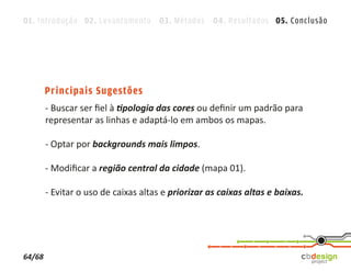 01. Introdução 02. Levantamento 03. Métodos 04. Resultados 05. Conclusão




        Principais Sugestões
        - Buscar ser ﬁel à tipologia das cores ou deﬁnir um padrão para
        representar as linhas e adaptá-lo em ambos os mapas.

        - Optar por backgrounds mais limpos.

        - Modiﬁcar a região central da cidade (mapa 01).

        - Evitar o uso de caixas altas e priorizar as caixas altas e baixas.




64/68
 