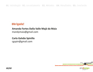 01. Introdução 02. Levantamento 03. Métodos 04. Resultados 05. Conclusão




        Obrigada!
        Amanda Fortes Dalla Valle Majó da Maia
        mandymaia@gmail.com

        Carla Galvão Spinillo
        cgspin@gmail.com




68/68
 