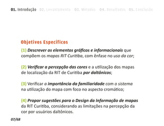01. Introdução 02. Levantamento 03. Métodos 04. Resultados 05. Conclusão




        Objetivos Específicos
        (1) Descrever os elementos gráﬁcos e informacionais que
        compõem os mapas RIT Curitiba, com ênfase no uso da cor;

        (2) Veriﬁcar a percepção das cores e a utilização dos mapas
        de localização da RIT de Curitiba por daltônicos;

        (3) Veriﬁcar a importância da familiaridade com o sistema
        na utilização do mapa com foco no aspecto cromático;

        (4) Propor sugestões para o Design da Informação de mapas
        da RIT Curitiba, considerando as limitações na percepção da
        cor por usuários daltônicos.
07/68
 