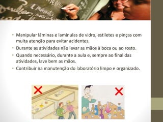 • Manipular lâminas e lamínulas de vidro, estiletes e pinças com
muita atenção para evitar acidentes.
• Durante as atividades não levar as mãos à boca ou ao rosto.
• Quando necessário, durante a aula e, sempre ao final das
atividades, lave bem as mãos.
• Contribuir na manutenção do laboratório limpo e organizado.
 