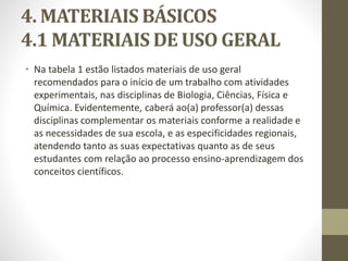 4. MATERIAIS BÁSICOS
4.1 MATERIAIS DE USO GERAL
• Na tabela 1 estão listados materiais de uso geral
recomendados para o início de um trabalho com atividades
experimentais, nas disciplinas de Biologia, Ciências, Física e
Química. Evidentemente, caberá ao(a) professor(a) dessas
disciplinas complementar os materiais conforme a realidade e
as necessidades de sua escola, e as especificidades regionais,
atendendo tanto as suas expectativas quanto as de seus
estudantes com relação ao processo ensino-aprendizagem dos
conceitos científicos.
 