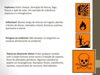 Inflamável: Manter longe de chamas em lugares abertos
e fontes de faíscas. Exemplos: etanol, benzeno, acetona,
querosene e etanal.
Perigoso ao ambiente: Não despejar os reagentes ou
resíduos diretamente no ambiente.
Explosivo: Evitar choque, formação de faíscas, fogo,
faíscas e ação de calor. Um exemplo de substância
explosiva é a nitroglicerina.
Tóxico ou altamente tóxico: Evitar qualquer contato
com o corpo humano assim como a inalação de vapores.
Risco de alterações genéticas. Algumas substâncias
podem ser teratogênicas. Exemplos: fenóis, clorofórmio,
cianetos, monocloreto de mercúrio, formaldeídos.
 