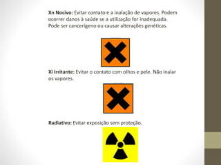Xi Irritante: Evitar o contato com olhos e pele. Não inalar
os vapores.
Radiativo: Evitar exposição sem proteção.
Xn Nocivo: Evitar contato e a inalação de vapores. Podem
ocorrer danos à saúde se a utilização for inadequada.
Pode ser cancerígeno ou causar alterações genéticas.
 