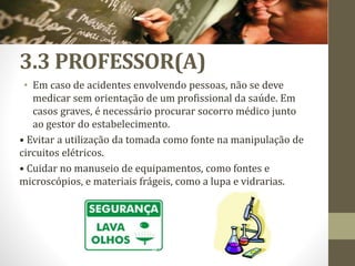 3.3 PROFESSOR(A)
• Em caso de acidentes envolvendo pessoas, não se deve
medicar sem orientação de um profissional da saúde. Em
casos graves, é necessário procurar socorro médico junto
ao gestor do estabelecimento.
• Evitar a utilização da tomada como fonte na manipulação de
circuitos elétricos.
• Cuidar no manuseio de equipamentos, como fontes e
microscópios, e materiais frágeis, como a lupa e vidrarias.
 