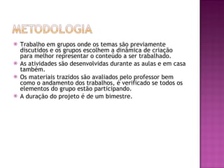 Trabalho em grupos onde os temas são previamente discutidos e os grupos escolhem a dinâmica de criação para melhor representar o conteúdo a ser trabalhado.  As atividades são desenvolvidas durante as aulas e em casa também.  Os materiais trazidos são avaliados pelo professor bem como o andamento dos trabalhos, é verificado se todos os elementos do grupo estão participando. A duração do projeto é de um bimestre. 