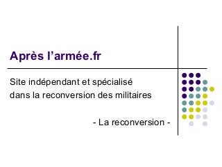 Après l’armée.fr
Site indépendant et spécialisé
dans la reconversion des militaires
- La reconversion -
 