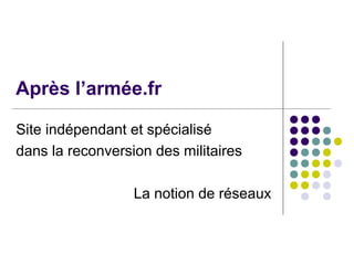 Après l’armée.fr
Site indépendant et spécialisé
dans la reconversion des militaires
La notion de réseaux
 