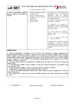 ICEC INDÚSTRIA DE CONSTRUÇÃO LTDA.
ANÁLISE DE RISCO Nº 004
Pág. 3 de 3
4. Uso de esmerilhadeira, lixadeira,
furadeira elétrica e ou furadeira de
bancada.
1. Queda com diferença de nível e
de mesmo nível.
2. Cortes e fratura de membros.
3. Fagulhas nos olhos e membros
superiores.
4. Ruido excessivo.
5. Choque elétrico.
1. Utilizar cinto de segurança tipo
paraquedista com dois talabartes,
mantendo sempre 01 talabarte
ancorado em local seguro (cabo guia
ou estrutura metálica).
1.1. Manter o local de trabalho limpo,
organizado e sinalizado.
2. Cuidados no manuseio do
equipamento. Desligar o equipamento
quando for trocar os discos. Utilizar
luvas de proteção.
3. Uso de óculos de proteção e
protetor facial; Uso de avental de
raspa de couro.
4. Uso de protetor auditivo tipo
concha ou silicone.
5. Manter cabos e extensões isoladas
corretamente. Somente eletricista
qualificado poderá executar serviços
em equipamentos elétricos/Quadros de
energia.
OBSERVAÇÕES:
1. Todos os trabalhadores relacionados nesta AR deverão estar utilizando os seguintes equipamentos de
proteção individual: Calçado de proteção c/ biqueira de aço, capacete de proteção (quando estiver em altura
utilizar jugular), óculos de proteção lente transparente (em caso de exposição ao sol, utilizar lente tipo ray-ban),
protetor auditivo quando utilizar equipamentos que produzem ruído, luvas de proteção e ao executar trabalhos
em altura superior a 2 metros utilizar cinto de segurança tipo pára-quedista com 2 talabartes, e estar sempre
acoplado à estrutura ou cabo guia.
2. Em caso de dúvidas quanto ao procedimentos de trabalho entrar em contato com o técnico em segurança da
empresa (ICEC).
3. É terminantemente proibido executar trabalhos em altura que sofram interferências de intempéries como
chuvas ou ventos fortes.
4. Sempre que houver trabalhos em altura, a área abaixo deverá ser isolada e sinalizada.
5. Sempre utilizar 3 presilhas para correta fixação dos cabos de aço guia.
6. O auxiliar do soldador/maçariqueiro também deverá utilizar óculos de proteção adequado para serviços de
solda e corte a quente.
7. Esta Análise de Risco deverá estar na frente de trabalho juntamente com a ATR (Autorização para trabalho
de risco).
____________________________________
Engenheiro Coordenador
____________________________________
Téc.Seg.Trabalho
____________________________________
Supervisor de Montagem
 