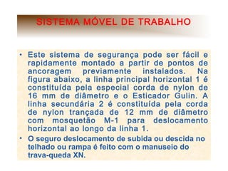 SISTEMA MÓVEL DE TRABALHO
• Este sistema de segurança pode ser fácil e
rapidamente montado a partir de pontos de
ancoragem previamente instalados. Na
figura abaixo, a linha principal horizontal 1 é
constituída pela especial corda de nylon de
16 mm de diâmetro e o Esticador Gulin. A
linha secundária 2 é constituída pela corda
de nylon trançada de 12 mm de diâmetro
com mosquetão M-1 para deslocamento
horizontal ao longo da linha 1.
• O seguro deslocamento de subida ou descida no
telhado ou rampa é feito com o manuseio do
trava-queda XN.
 