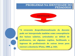 PROBLEMAS NA IDENTIDADE DO PEDAGOGO  IDENTIDADE “ A crescente desprofissionalização do docente pode ser interpretada também como conseqüência dos baixos salários, articulados ao déficit de professores, em algumas regiões, facilitando o ingresso de profissionais de outras áreas para exercer a docência (Pinto, 1998, p. 343). 