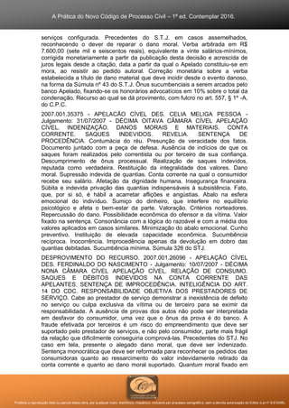 A Prática do Novo Código de Processo Civil – 1ª ed. Contemplar 2016.
Proibida a reprodução total ou parcial desta obra, por qualquer meio: eletrônico, mecânico, inclusive por processo xerográfico, sem a devida autorização do Editor (Lei nº 9.610/98).
serviços configurada. Precedentes do S.T.J. em casos assemelhados,
reconhecendo o dever de reparar o dano moral. Verba arbitrada em R$
7.600,00 (sete mil e seiscentos reais), equivalente a vinte salários-mínimos,
corrigida monetariamente a partir da publicação desta decisão e acrescida de
juros legais desde a citação, data a partir da qual o Apelado constituiu-se em
mora, ao resistir ao pedido autoral. Correção monetária sobre a verba
estabelecida a título de dano material que deve incidir desde o evento danoso,
na forma da Súmula nº 43 do S.T.J. Ônus sucumbenciais a serem arcados pelo
banco Apelado, fixando-se os honorários advocatícios em 10% sobre o total da
condenação. Recurso ao qual se dá provimento, com fulcro no art. 557, § 1º -A,
do C.P.C.
2007.001.35375 - APELACÃO CÍVEL DES. CELIA MELIGA PESSOA -
Julgamento: 31/07/2007 - DÉCIMA OITAVA CÂMARA CÍVEL APELAÇÃO
CÍVEL. INDENIZAÇÃO. DANOS MORAIS E MATERIAIS. CONTA
CORRENTE. SAQUES INDEVIDOS. REVELIA. SENTENÇA DE
PROCEDÊNCIA. Contumácia do réu. Presunção de veracidade dos fatos.
Documento juntado com a peça de defesa. Ausência de indícios de que os
saques foram realizados pelo correntista ou por terceiro de sua confiança.
Descumprimento de ônus processual. Realização de saques indevidos,
reputada como verdadeira. Restituição da integralidade dos valores. Dano
moral. Supressão indevida de quantias. Conta corrente na qual o consumidor
recebe seu salário. Afetação da dignidade humana. Insegurança financeira.
Súbita e indevida privação das quantias indispensáveis à subsistência. Fato,
que, por si só, é hábil a acarretar aflições e angústias. Abalo na esfera
emocional do indivíduo. Sumiço do dinheiro, que interfere no equilíbrio
psicológico e afeta o bem-estar da parte. Valoração. Critérios norteadores.
Repercussão do dano. Possibilidade econômica do ofensor e da vítima. Valor
fixado na sentença. Consonância com a lógica do razoável e com a média dos
valores aplicados em casos similares. Minimização do abalo emocional. Cunho
preventivo. Instituição de elevada capacidade econômica. Sucumbência
recíproca. Inocorrência. Improcedência apenas da devolução em dobro das
quantias debitadas. Sucumbência mínima. Súmula 326 do STJ.
DESPROVIMENTO DO RECURSO. 2007.001.26096 - APELAÇÃO CÍVEL
DES. FERDINALDO DO NASCIMENTO - Julgamento: 10/07/2007 - DÉCIMA
NONA CÂMARA CÍVEL APELAÇÃO CÍVEL. RELAÇÃO DE CONSUMO.
SAQUES E DÉBITOS INDEVIDOS NA CONTA CORRENTE DAS
APELANTES. SENTENÇA DE IMPROCEDÊNCIA. INTELIGÊNCIA DO ART.
14 DO CDC. RESPONSABILIDADE OBJETIVA DOS PRESTADORES DE
SERVIÇO. Cabe ao prestador de serviço demonstrar a inexistência de defeito
no serviço ou culpa exclusiva da vítima ou de terceiro para se eximir da
responsabilidade. A ausência de provas dos autos não pode ser interpretada
em desfavor do consumidor, uma vez que o ônus da prova é do banco. A
fraude efetivada por terceiros é um risco do empreendimento que deve ser
suportado pelo prestador de serviços, e não pelo consumidor, parte mais frágil
da relação que dificilmente conseguiria comprová-las. Precedentes do STJ. No
caso em tela, presente o alegado dano moral, que deve ser indenizado.
Sentença monocrática que deve ser reformada para reconhecer os pedidos das
consumidoras quanto ao ressarcimento do valor indevidamente retirado da
conta corrente e quanto ao dano moral suportado. Quantum moral fixado em
 
