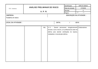 12
PCH - Autódromo
ANÁLISE PRELIMINAR DE RISCO
A. P. R.
Identificação : APR-ST-0008-0
Data de emissão : 21/05/08
Revisão : 0
Página / 7
EMPRESA: DESCRIÇÃO DA ATIVIDADE :
Trabalhos em altura
LOCAL DA ATIVIDADE : DATA: / /2010
Alto 4.1.3 - Deverá permanecer obrigatoriamente
durante o turno noturno, um profissional do setor de
elétrica para atender solicitações de reparos,
instalações e manutenção elétrica.
Colaboradores
 