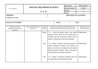 4
PCH - Autódromo
ANÁLISE PRELIMINAR DE RISCO
A. P. R.
Identificação : APR-ST-0008-0
Data de emissão : 21/05/08
Revisão : 0
Página / 7
EMPRESA: DESCRIÇÃO DA ATIVIDADE :
Trabalhos em altura
LOCAL DA ATIVIDADE : DATA: / /2010
ETAPAS DA ATIVIDADE –
DESCREVER CADA ETAPA EM
SEQUENCIA
RISCOS APRESENTADOS EM
CADA ETAPA
POTENCIAL
DE RISCO
MEDIDAS DE SEGURANÇA A SEREM ADOTADAS PARA
PREVENIR ACIDENTES DEVIDO A AÇÃO DE CADA RISCO
RESPONSÁVEL PELA
ADOÇÃO DA MEDIDA
Médio
Alto
Alto
1.1.7 - Toda torre deverá possuir uma sapata
(chapa de ferro) 20x20 cm com encaixe para a
colocação dos pés do primeiro módulo,a fim de
facilitar o nivelamento da torre caso necessite.
1.1.8 - Efetuar o primeiro travamento quando os
módulos atingirem 03 metros ( três metros) de
altura, e só continuar a montagem da torre depois
deste travamento realizado, colocar o travamento
a cada 03 metros de módulos montados.
1.1.9 - Efetuar o travamento utilizando tubo rohr
ou similar fazendo a amarração nas torres.
Colaboradores
Colaboradores
Colaboradores
 